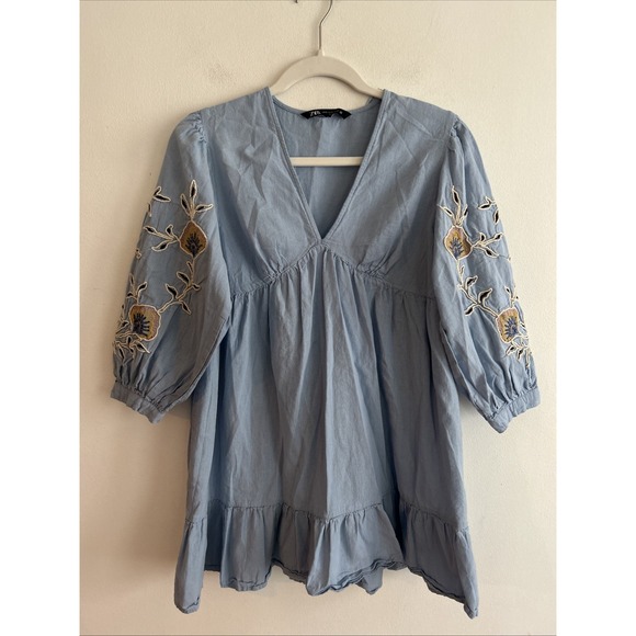 Zara Floral Embroidered Cotton Linen Blend Mini Dress Blue Women's Size XS - Picture 1 of 8